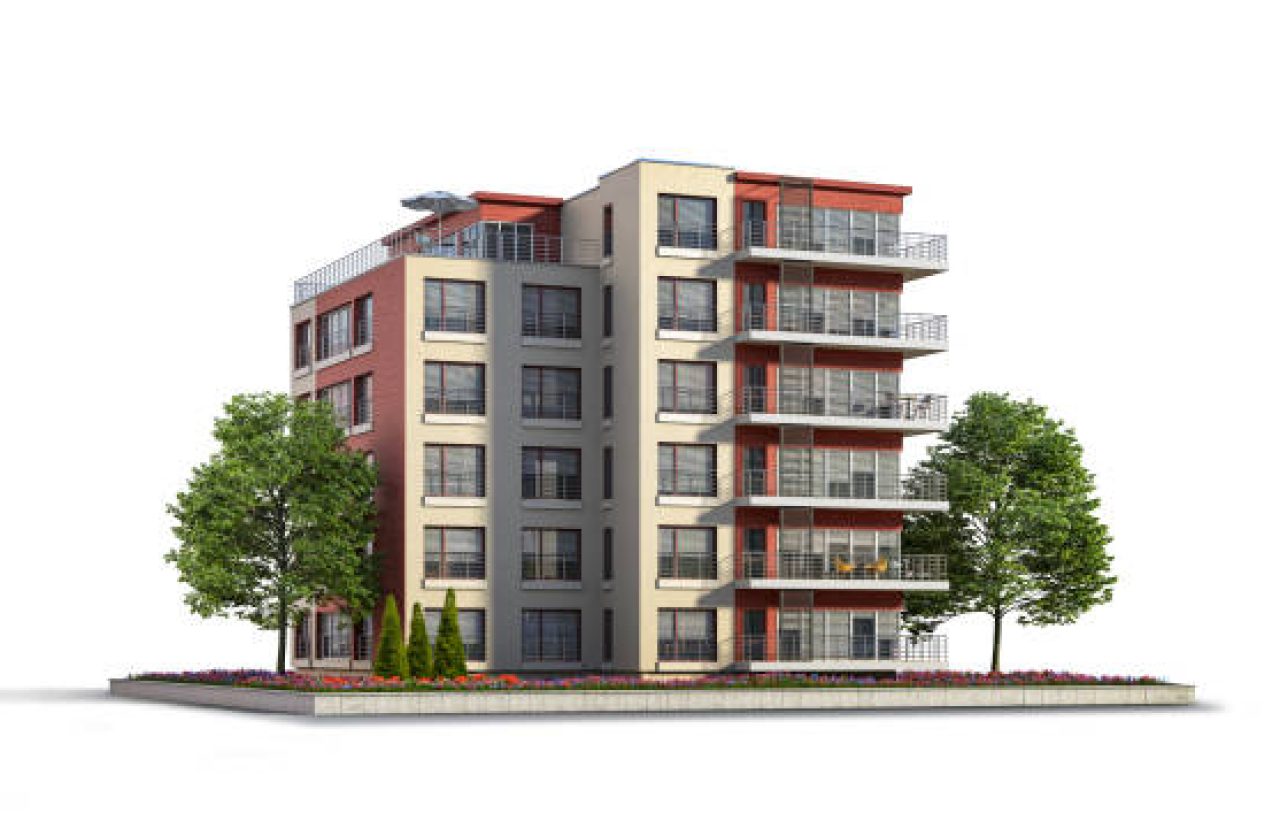 Modern residential building at the white background. 3d illustration