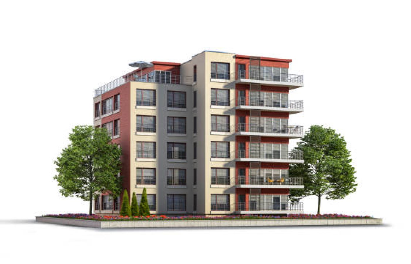 Modern residential building at the white background. 3d illustration